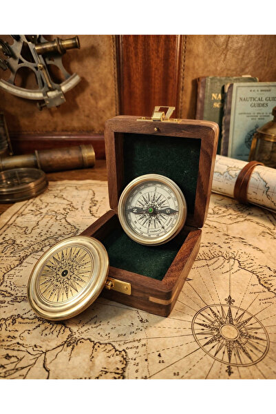 Meya design Decorative Compass with Wooden Box – Vintage Brass-Look Navigatio...