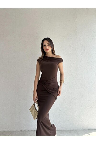 Mooi Butik فستان بريتني ماكسي 7218 - بني غامق