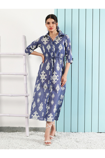 Athena By Styli Blue Bohemian Printed Buttoned Midi Dress
