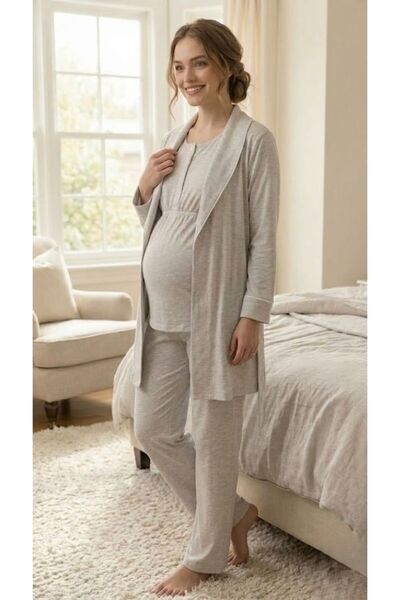 Lohusa Dünyasi طقم ثوب نوم للحوامل باللون البيج حواف أسطوانية ياقة شال للنساء