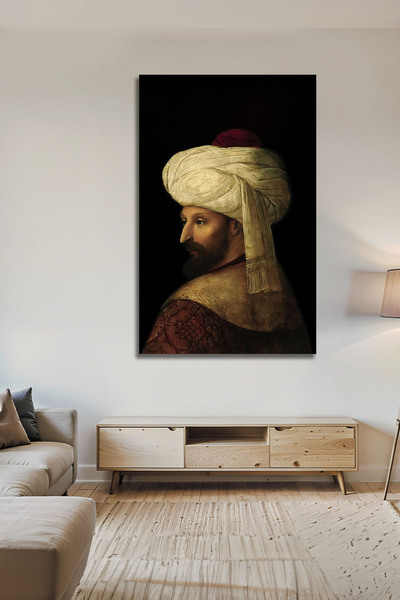 ÇELİK DESİGN Lüks Cam Tablo Fatih Sultan Mehmet Antik Yağlı Boya Görünümlü Os...