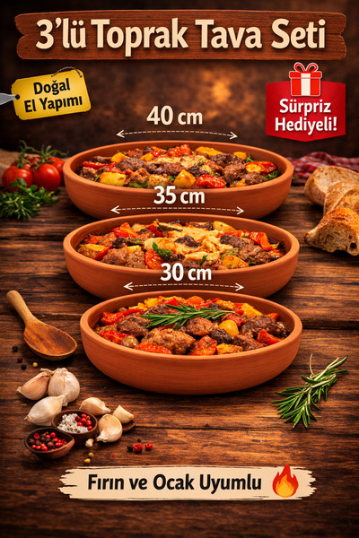 DestiHome Ocak Ve Taşfırın Uyumlu Elyapımı Doğal Tava 3 'lü Set