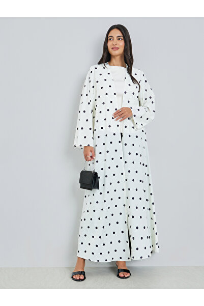 Amirah By Styli White Polka Dot Printed A-Line Jalabiya