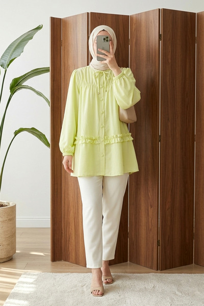 MODAQU Ruffle Detail Buttons Poplin Tunic - Yellow