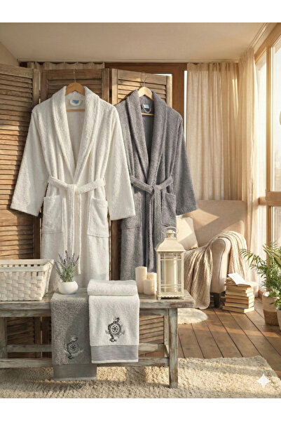 COTTONQUEEN Zena Unisex Anthracite Cream Towel Bathrobe Set of 4