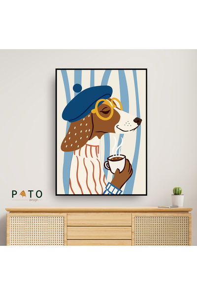 Pato Design 'Kahve İçen Köpek' Tablo | Siyah Çerçeveli | MDF & UV Baskı
