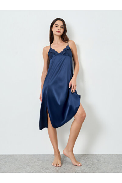 Take Two By Styli Navy Blue Satin Slip Dress with Lace Trim