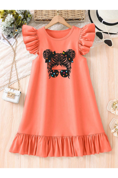 Take Two By Styli Girls Graphic Print Ruffled Sleeve Dress