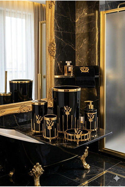 MAKRİ HOME 5-Piece Bathroom Accessory Set with Gold Plated Metal Stand, Marbl...