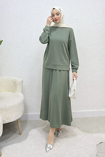 Tesettür Diyarı Σετ Τεσεττούρ με Φούστα από Ύφασμα Λαβέντι Μοντάλ - Χακί