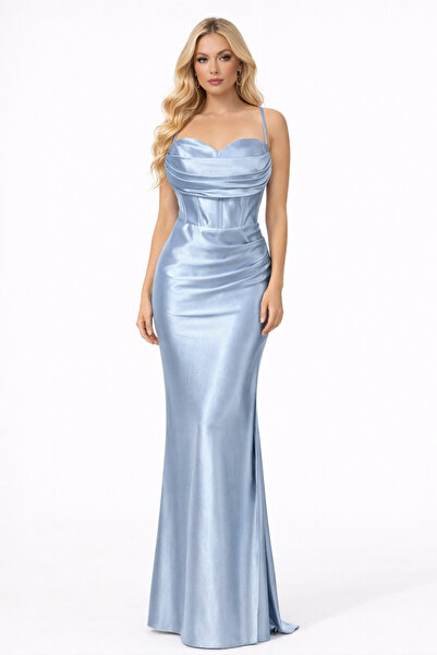 Hüseyin Baştürk Saten Yırtmaç Detaylı Uzun Elbise