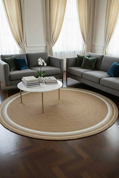 home inn Yuvarlak Hasır Görünümlü Dekoratif Halı – Modern Bohem Stil Salon Ha...