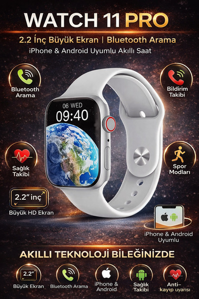 Kılıforyum Watch 11 Pro Akıllı Saat 2.2 İnç Büyük Ekran Bluetooth Arama iPhon...