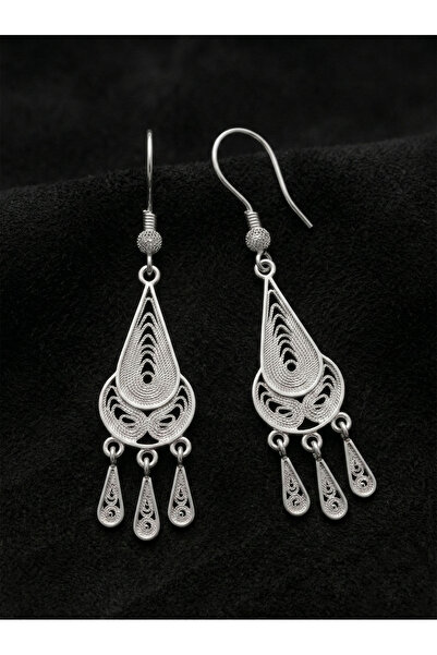 Roza Silver 925 Ayar Gümüş Geleneksel Telkari Şamdan Küpe - Damla Püsküllü El...