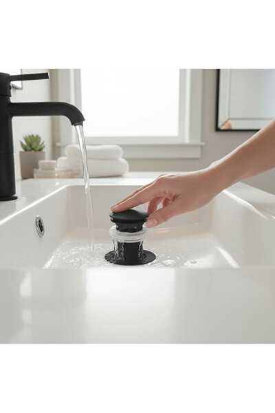 vb vitrinbanyo Lavabo Sifon Başlığı Mat Siyah Bas-Aç Sistem Lavabo Ortası Gid...