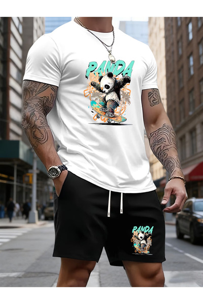 LAVİTTA Panda Printed white t-shirt black shorts knitted top bottom set