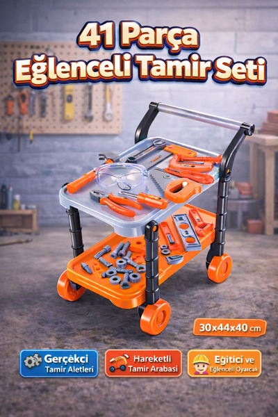 YILDIRIM OYUNCAK 41 Parça Çocuk Tamir Seti – Tekerlekli Tamir Arabası Oyuncak...