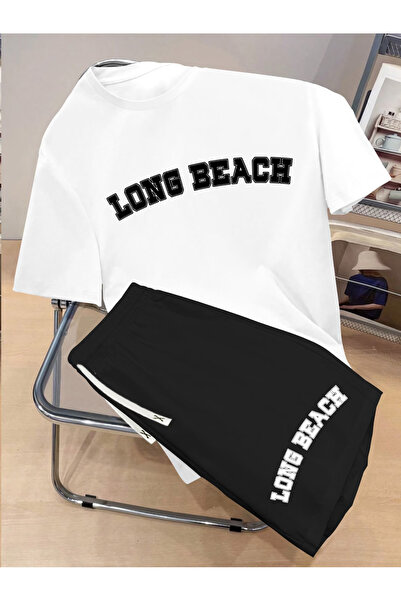 LAVİTTA Long Printed white t-shirt black shorts knitted top and bottom set