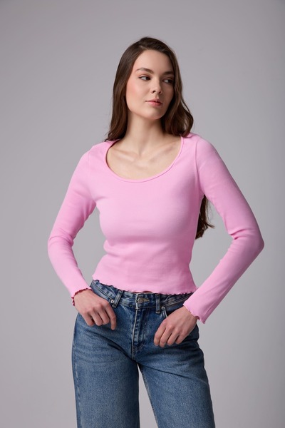 flaze Kadın Pembe Geniş Yaka Fitilli Ribana Bluz Uzun Kollu Slim Fit Basic