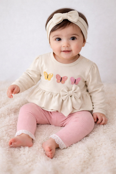 bebekyol Kelebekli Fiyonklu Kız Bebek Takım