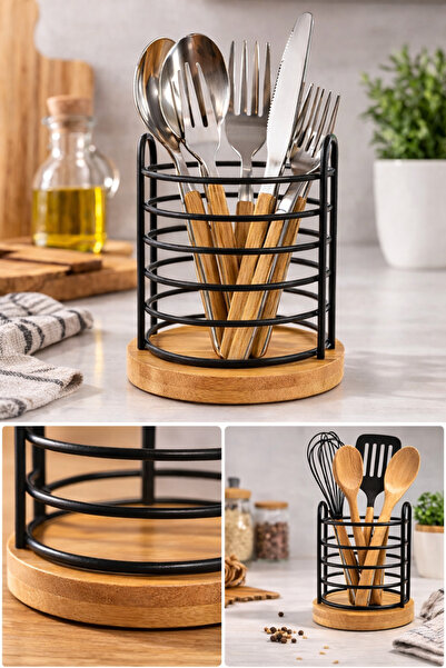 MİS KİTCHEN Bamboo Base Metal Ring Spoon Holder Fork Spoon Stand Kitchen Coun...