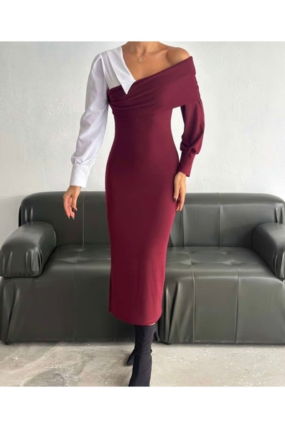 Stilera Women's One-Shoulder Shirt Detailed Slit Midi Length Stylish Dress