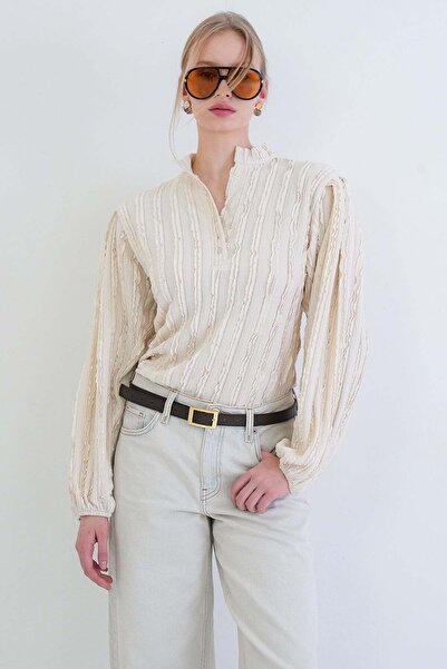 Trend Alaçatı Stili Γυναικεία Μπλούζα Πουκάμισο από Ύφασμα με Βολάν, Μανίκια ...