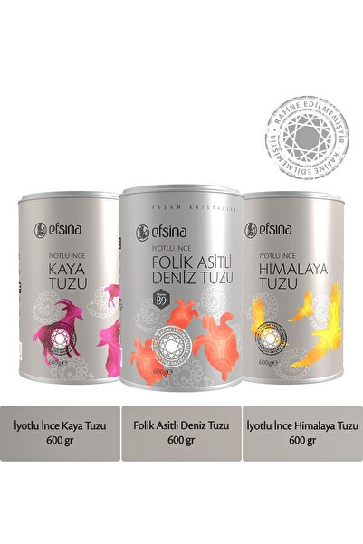 Efsina 3'lü Paket 600 GR İyotlu İnce Kaya Tuzu + Folik Asitli Deniz Tuzu + İy...