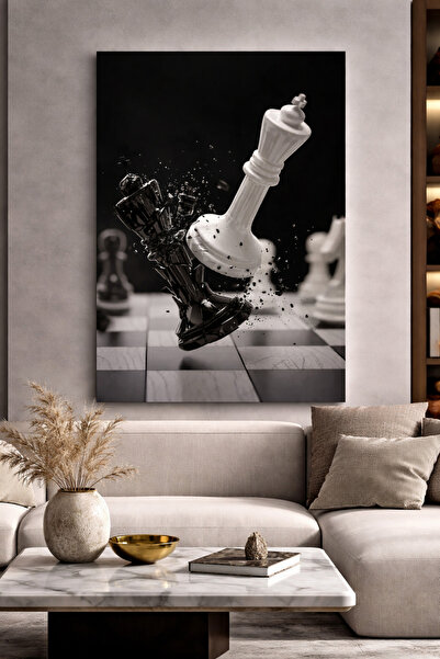 EvimeTablo Satranç Kanvas Tablo – Siyah Beyaz Şah Hamlesi Modern Duvar Tablosu