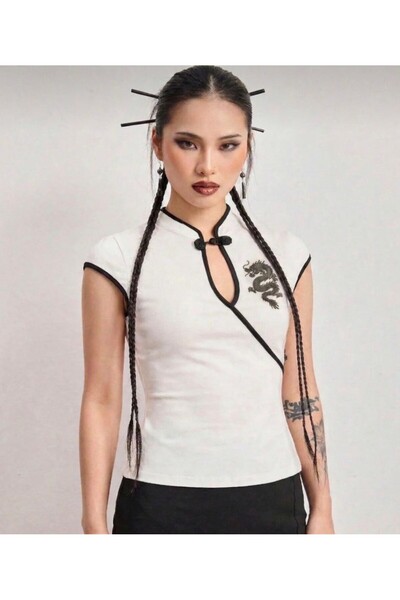 Minga London Guler mandarin cu motiv dragon, Qipao vintage cu mânecă scurtă, ...