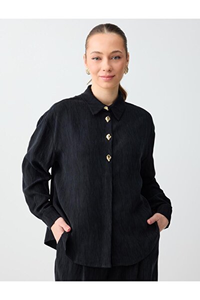 Jimmy Key Black Relaxed Fit Long Sleeve Metal Button Woven Shirt