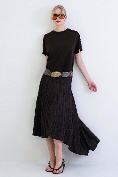 Trend Alaçatı Stili Fusta maxi asimetrică din țesătură maro amar cu volane pe...