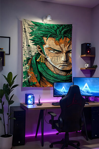 Halura Zoro One Piece Anime Duvar Örtüsü– Kaliteli Kumaş, Gamer Oda Dekoru Ta...