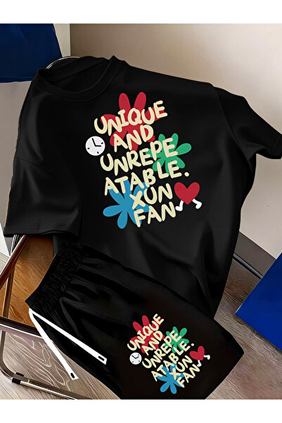 LAVİTTA Unique b Printed white t-shirt black shorts knitted top bottom set