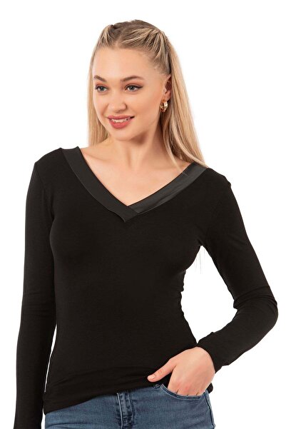 Kompedan Kadın Viskon Saten Yakalı Bluz | Özkan Siyah 26984