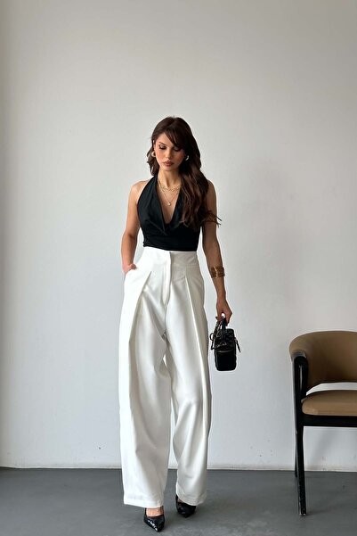 MyLoore Pantaloni albi din țesătură dublă pentru femei material elastic talie...