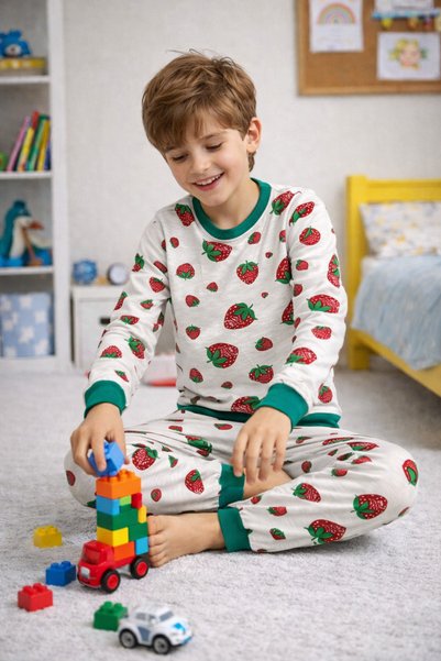 FUDS UNİON Çilek Patterned Children's Pajama Set – Soft Cotton Piece Home Wear