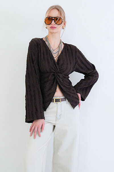 Trend Alaçatı Stili Women's Bitter Brown V-Neck Ruffle Fabric Blouse with Twi...