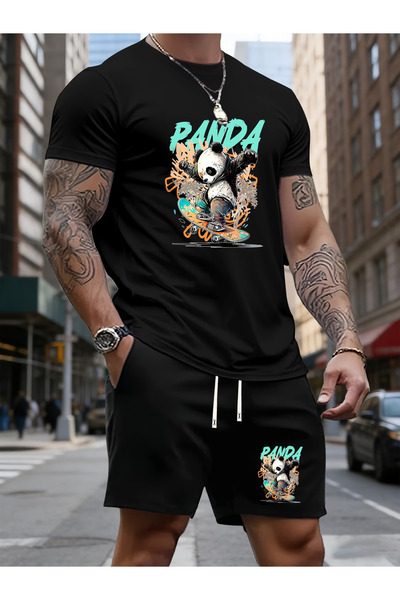 LAVİTTA Panda Printed white t-shirt black shorts knitted top bottom set