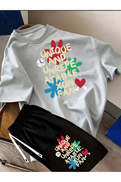 LAVİTTA Unique b Printed white t-shirt black shorts knitted top bottom set