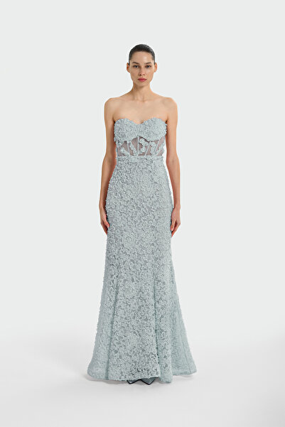 cercis Straplez Üç Boyut Çiçekli Abiye Elbise