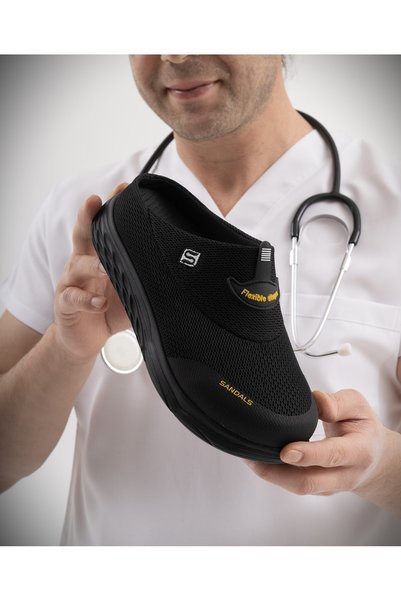 sandal spor Men's Orthopedic Mesh Sabo Doctor Nurse Hospital Chef Slippers Ss001-0558 Black