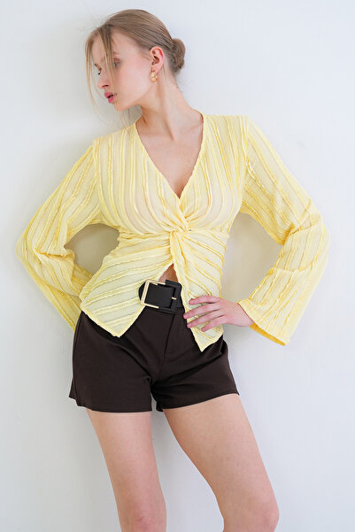 Trend Alaçatı Stili Women's Yellow V-Neck Twisted Detailed Ruffle Fabric Blou...