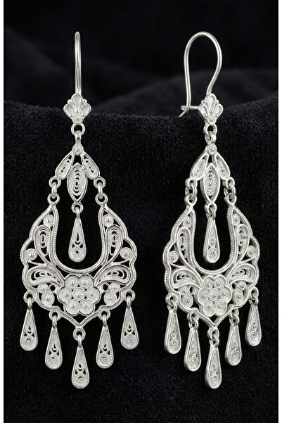 Roza Silver 925 Ayar Gümüş Telkari İşlemeli Avize Sallantılı Küpe - Otantik E...