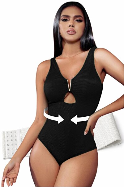 Linovit One-piece swimsuit - Includes shaping corset for waist slimming - Bla...