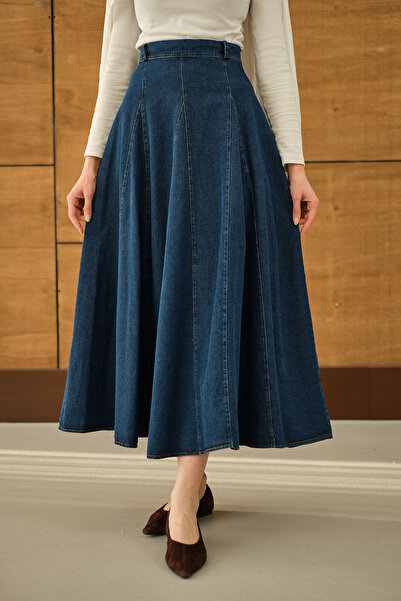 LOCCO Kadın Dikiş Detay Yandan Fermuarlı Kot Etek Lacivert