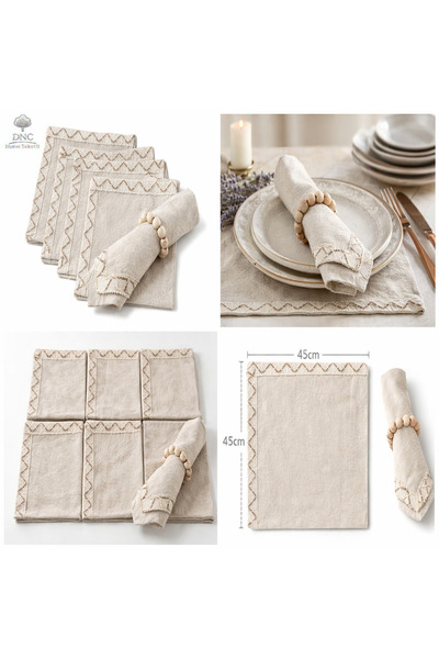 DNC home tekstil Natural Linen Cream Brown Striped Napkin Set [6-Piece with B...