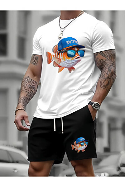 LAVİTTA Salty boy Printed white t-shirt black shorts knitted top bottom set