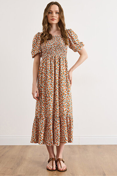 Olalook Women's Ecru Orange Gipe Detailed Midi Woven Viscose Dress Elb-19002607