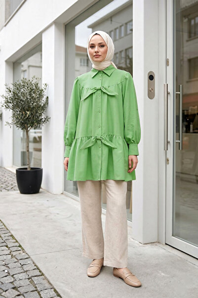 MODAQU Buttoned Loose Tunic Shirt with Ribbon Detail on the Front - Green
